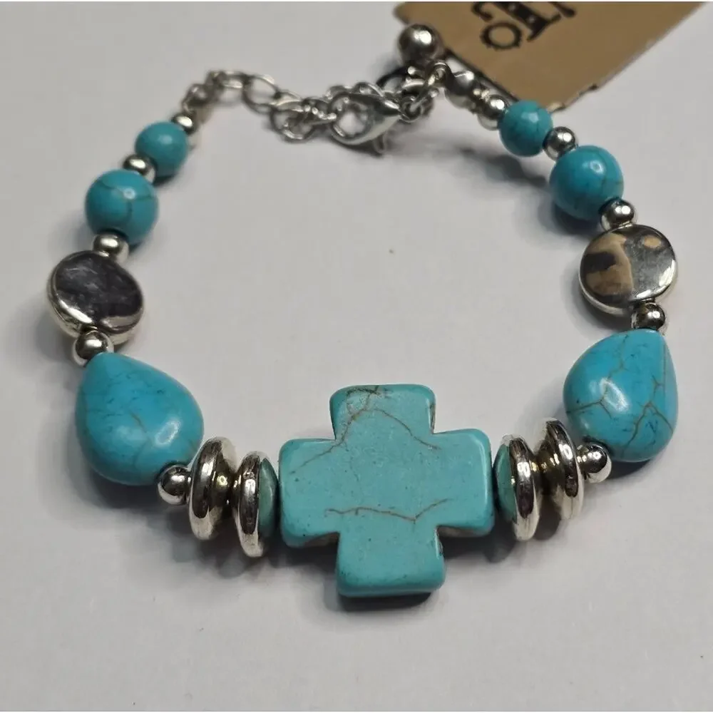 Treska Turquoise Cross Bracelet with Silver Accents Boho Jewelry New